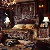 现货欧式真皮床美式实木床仿古典双人床桦木奢华床描银雕花深色床