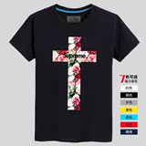 夏季supreme T恤纯棉印花十字架短袖 玫瑰花卉字母限定男女欧美潮