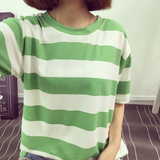夏季大码绿色大条纹t恤女韩版宽松中袖bf风原宿短袖小清新学生潮