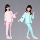 女童秋装套装2016新款韩版儿童中大童喇叭袖刺绣卫衣哈伦裤两件套
