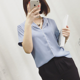韩版复古V领撞色包边睡衣式衬衣女短袖 简约显瘦学生雪纺衬衫上衣