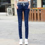 新品韩版哈伦牛仔裤 女式松紧腰 大码弹力以纯蓝色直筒铅笔长裤潮