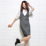 2016秋冬季女装韩版背带羊毛裙V领无袖修身连衣裙中长款包臀包邮