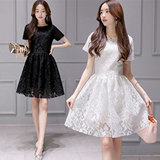 2016新款女装夏季韩版修身显瘦V领蕾丝连衣裙中长款短袖a型公主裙