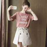 T6683-2016夏新款韩版女装印花T恤开叉半身裙两件套装 0721