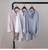 2016春季新款韩版宽松纯色百搭中长款亚麻长袖衬衫前短后长衬衣女
