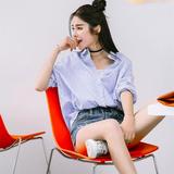 夏季新款韩版前短后长蓝白条纹衬衫女学生休闲长袖宽松中长款衬衫