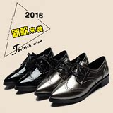 2016新款布洛克尖头单鞋女学院英伦漆皮小皮鞋系带牛津鞋中跟粗跟