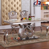 简约后现代不锈钢餐桌椅组合 高档大理石餐桌欧式长方形火锅餐台