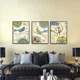 美式乡村装饰画客厅沙发现代简约挂画卧室床头花鸟三联有框墙壁画
