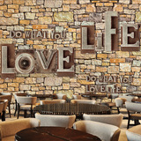 3D仿真石头大型壁画咖啡店酒吧餐厅服装店无纺布墙纸金属字母壁纸