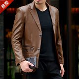 秋季中年男士皮衣品牌男装青年韩版修身西服领PU皮夹克薄款外套潮