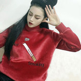 春秋女装韩版学院学生复古可爱字母刺绣烟头宽松高领套头长袖卫衣