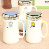 韩国可爱镜面马克杯创意卡通叮当kt猫小黄人水杯男女士带盖陶瓷杯