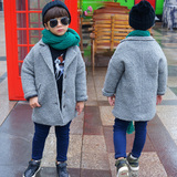 2015冬新款韩版儿童加厚灰色羊毛呢料大衣男童女童夹棉外套中长款