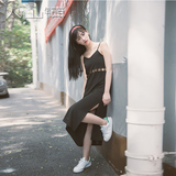 黄灿灿の同款2016夏季新款连衣裙 修身腰部镂空气质软妹黑色长裙