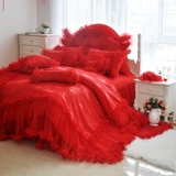 韩版公主风三四件套纯棉贡缎提花婚庆大红床罩床裙1.8被套1.5床品