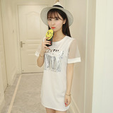 夏装韩版网纱短袖T恤女中长款蕾丝上衣打底衫修身大码雪纺小衫潮