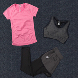 女子运动瑜伽健身服三件套装速干紧身短袖T恤防震文胸假两件长裤