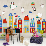 3d儿童房城市壁纸  卡通小动物卧室定制艺术手绘背景墙 满铺壁画