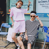 2016qlz情侣装夏装短袖T恤韩版套装休闲条纹韩国男女上衣大码班服