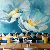 手绘欧式田园蓝色花卉墙纸 客厅电视背景墙壁纸 清新油画大型壁画