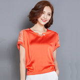 2016夏季新款韩版V领镂空蕾丝衫女装短袖雪纺衬衫套头气质T恤上衣