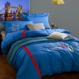 全棉纯棉斜纹男孩蓝色床单被套四件套1.5 1.8米 2米x2米3品牌家纺