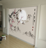 新中式定制客厅电视背景墙壁纸墙纸 唯美淡雅壁画 国画工笔花鸟