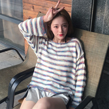 2016新款韩版学生原宿风彩色复古条纹宽松长袖套头针织衫毛衣女潮