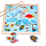 大号双杆磁性钓鱼玩具 木制宝宝海洋动物拼图钓鱼板玩具