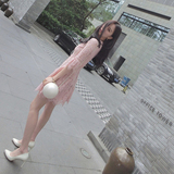 2016春夏季新款七分袖镂空粉色蕾丝连衣裙收腰显瘦修身a字裙中裙