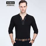 罗曼阿玛尼欧法式男装2016秋冬长袖T恤 大码简约纯色V领打底衫