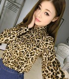 2016春新款韩版女装宽松V领豹纹长袖雪纺打底单排扣衬衫蕾丝衬衣