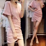 韩国代购2016夏装新款女装修身夜店性感中裙子夏季粉色包臀连衣裙