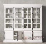 欧式美式实木玻璃门书架书柜复古白天地锁书柜双门白色书橱柜家具