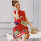 旗袍连衣裙夏季复古改良宽松时尚印花修身显瘦中国风中式小红裙