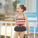 韩国儿童泳衣 女孩连体条纹小猫宝宝可爱小中童公主游泳衣送泳帽