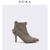 【DORA】欧美风蝴蝶结短靴磨砂皮尖头及踝靴细跟高跟鞋牛筋底女靴