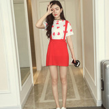 16夏季韩国高腰红色背带裙女显瘦百搭包臀短裙学生a字半身套装