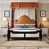 美式乡村实木雕刻真皮双人床 卧室家具欧式皮艺带软靠1.8米实木床