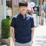 韩国代购男装夏季新款韩版修身半袖衬衣男士时尚休闲立领短袖衬衫