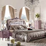 出口雕花双人床新古典法式做旧复古实木床欧式紫色软包床整套家具