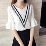 韩国夏季新款宽松喇叭袖短袖荷叶边T恤女白色学生上衣半袖雪纺衫