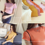韩版2016新款夏季女士半高圆领短袖修身针织衫薄款针织毛衣打底衫