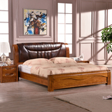 纯实木床 榆木1.8米双人皮床 卧室软靠背高箱储物婚床中式真皮床
