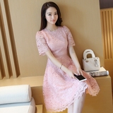 2016夏季新款韩版蕾丝连衣裙中长款韩国短袖修身收腰高腰中长裙女