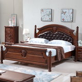 美式乡村全实木床1.8米黑胡桃木床双人床软靠真皮床欧式卧室家具