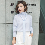 2016夏季新款纯色中长款高领长袖衬衫女韩版修身钉珠打底衫上衣潮