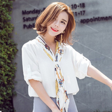 2016夏季新款OL风白色性感V领雪纺衬衫女短袖韩版宽松上衣打底衫